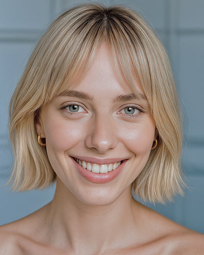 Tilda | 12" Dark Roots Blonde Bob with Bangs Human Hair Swiss Lace Front Wig - WS018