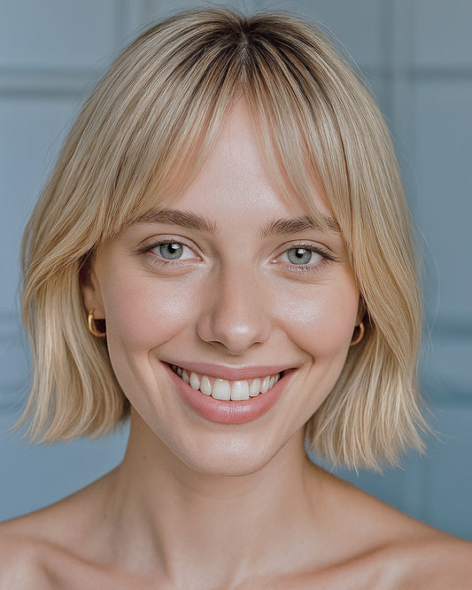 Tilda | 12" Dark Roots Blonde Bob with Bangs Human Hair Swiss Lace Front Wig - WS018