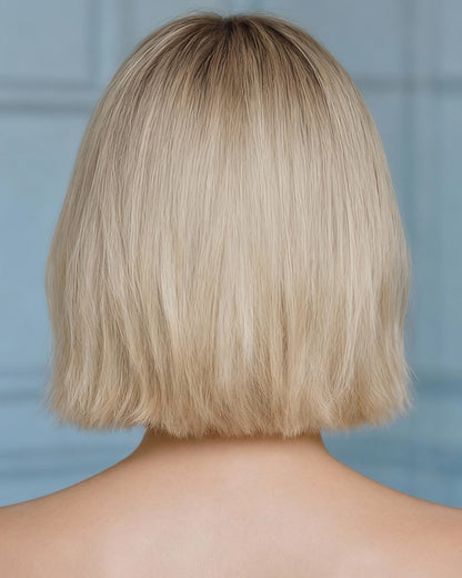 Tilda | 12" Dark Roots Blonde Bob with Bangs Human Hair Swiss Lace Front Wig - WS018