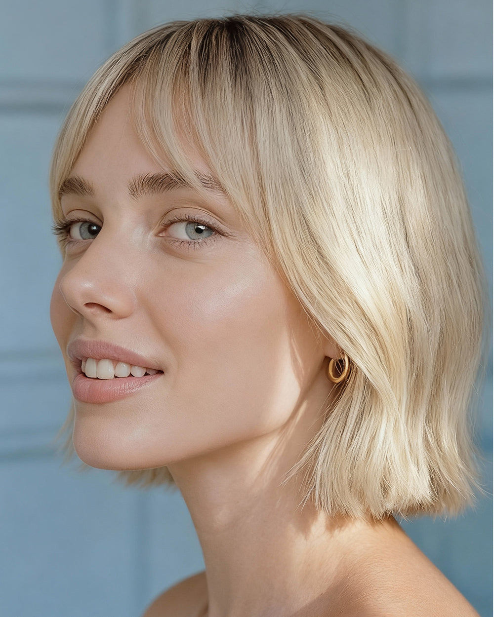 Tilda | 12" Dark Roots Blonde Bob with Bangs Human Hair Swiss Lace Front Wig - WS018