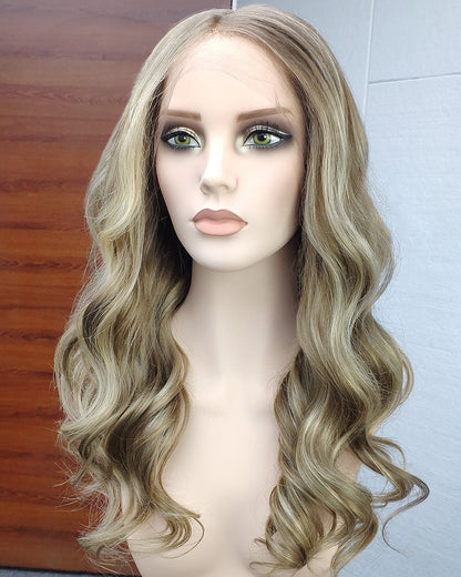 Stella | 20" Golden Honey Blonde Balayage loose wave Human Hair Swiss Lace Front Wig - WW036