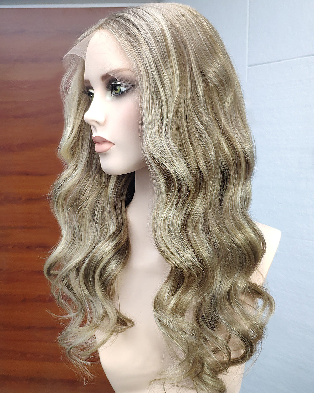 Stella | 20" Golden Honey Blonde Balayage loose wave Human Hair Swiss Lace Front Wig - WW036