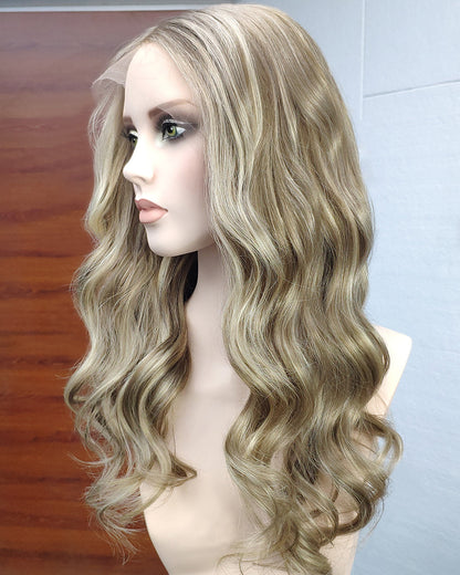 Stella | 20" Golden Honey Blonde Balayage loose wave Human Hair Swiss Lace Front Wig - WW036