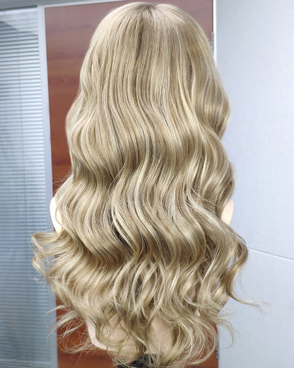 Stella | 20" Golden Honey Blonde Balayage loose wave Human Hair Swiss Lace Front Wig - WW036