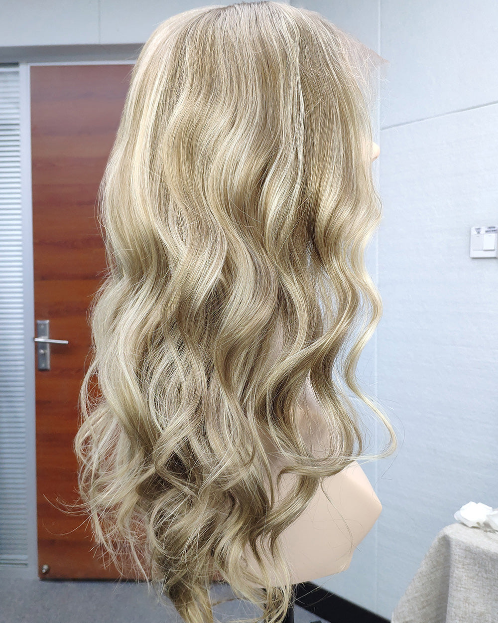 Stella | 20" Golden Honey Blonde Balayage loose wave Human Hair Swiss Lace Front Wig - WW036