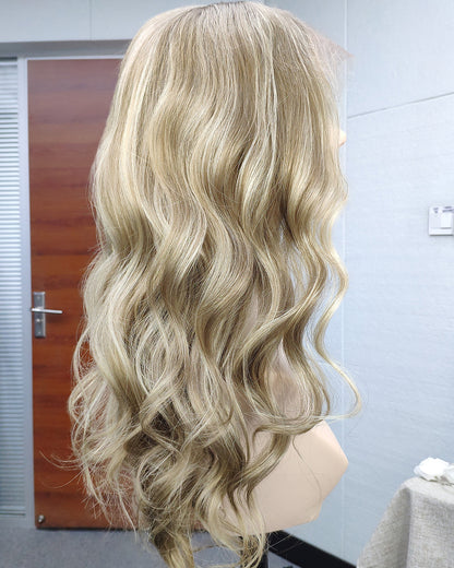 Stella | 20" Golden Honey Blonde Balayage loose wave Human Hair Swiss Lace Front Wig - WW036