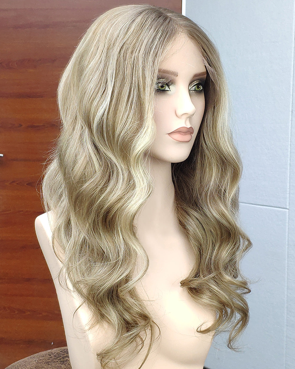 Stella | 20" Golden Honey Blonde Balayage loose wave Human Hair Swiss Lace Front Wig - WW036