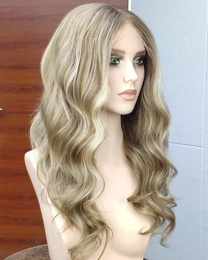 Stella | 20" Golden Honey Blonde Balayage loose wave Human Hair Swiss Lace Front Wig - WW036