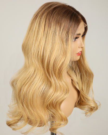 Paige | 22" Honey Blonde with Dark Roots Loose Wave Glueless Swiss Lace Closure Wig - WW037