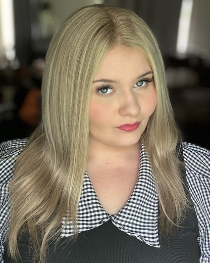 Mila | 18" Ash Blonde Highlight loose wave Human Hair Swiss Lace Front Wig - WW056