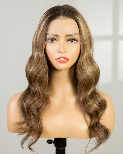 Julia | 16" Blonde Highlights Wavy Human Hair Swiss Lace Front Wig - WLW006