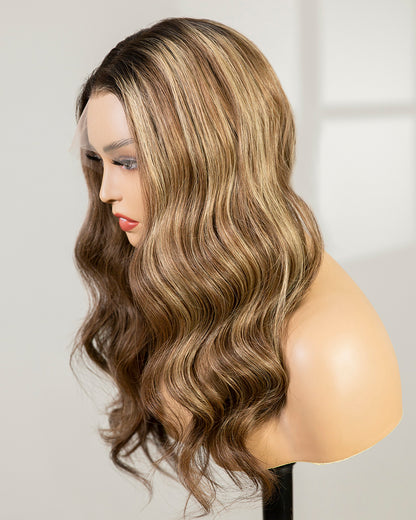 Julia | 16" Blonde Highlights Wavy Human Hair Swiss Lace Front Wig - WLW006