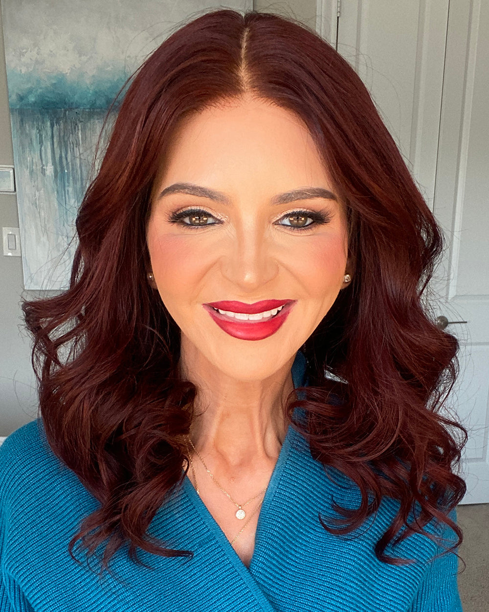 Juniper | 20" Mahogany Brown Wavy With Curtain Bangs Human Hair Lace Front Wig - WW065