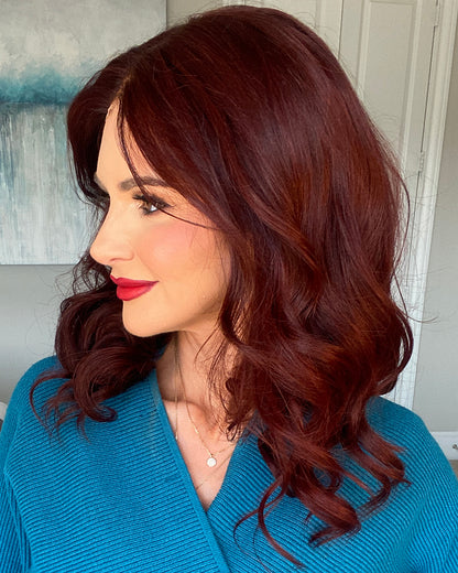Juniper | 20" Mahogany Brown Wavy With Curtain Bangs Human Hair Lace Front Wig - WW065