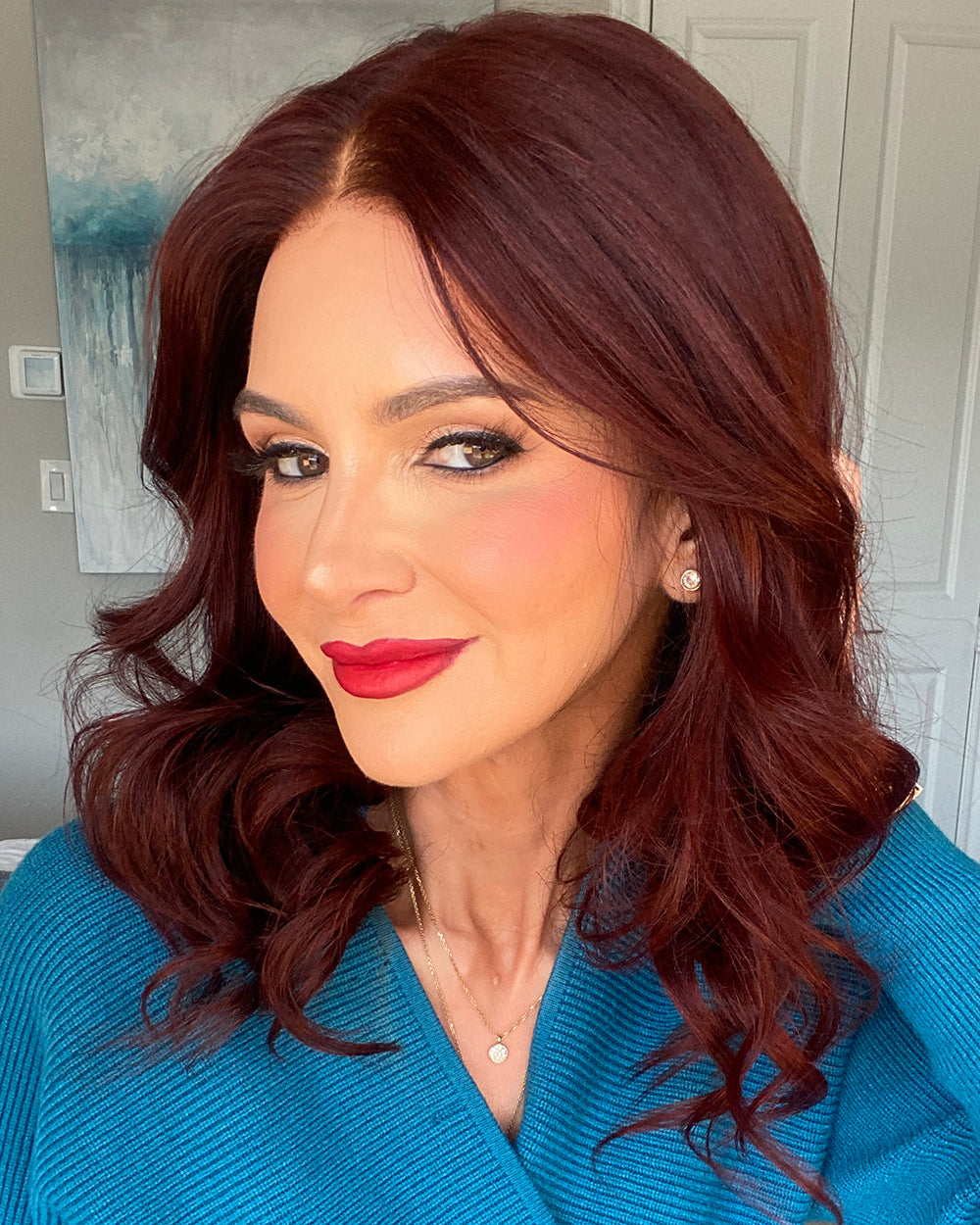 Juniper | 20" Mahogany Brown Wavy With Curtain Bangs Human Hair Lace Front Wig - WW065