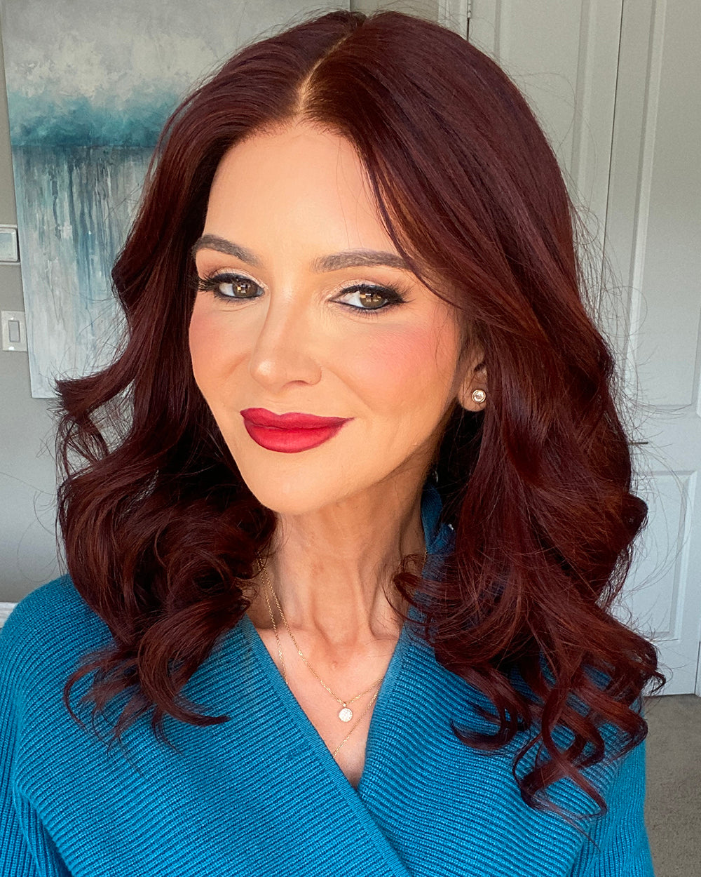 Juniper | 20" Mahogany Brown Wavy With Curtain Bangs Human Hair Lace Front Wig - WW065