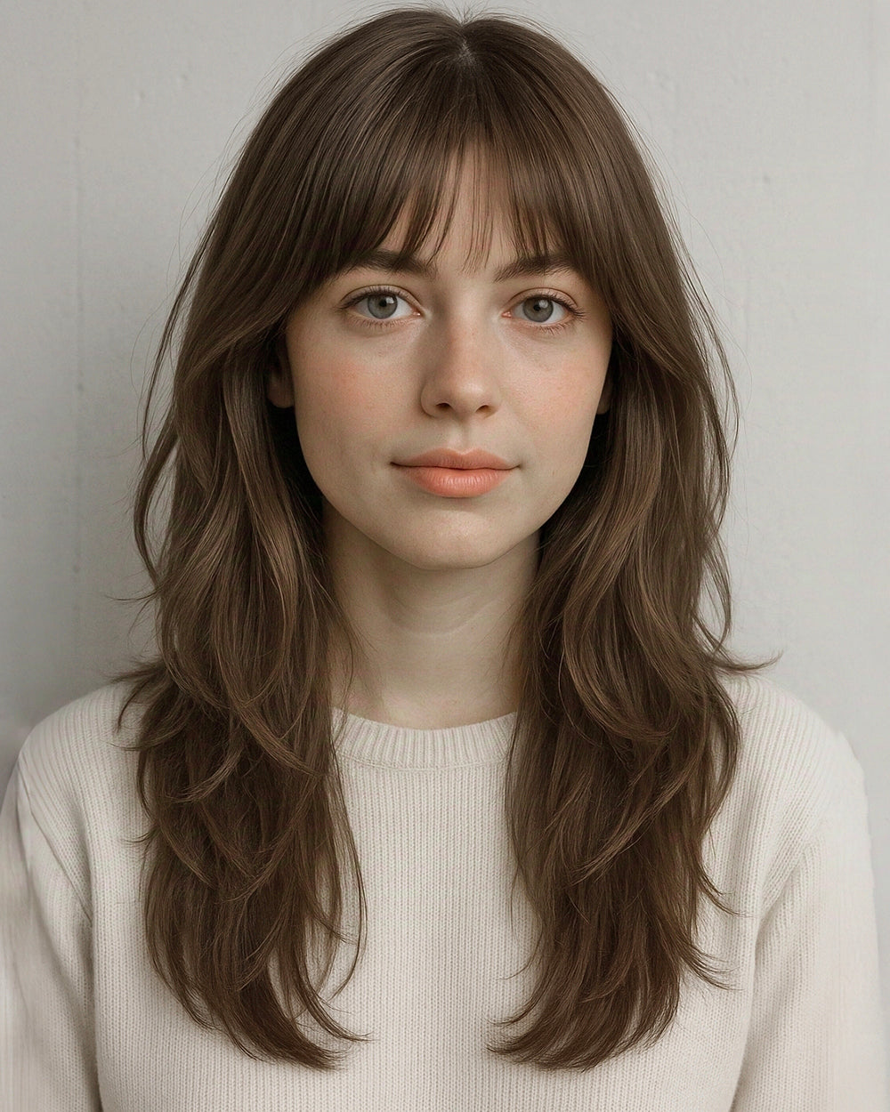 Seren | 20" Soft Light Chestnut Brown Layered Waves with Blunt Bangs Glueless Lace Closure Wig - WW045