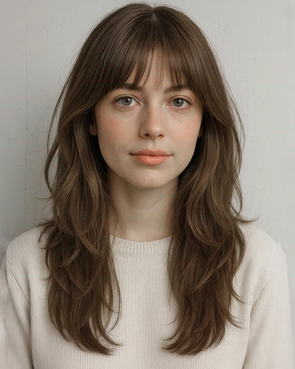 Seren | 20" Soft Light Chestnut Brown Layered Waves with Blunt Bangs Glueless Lace Closure Wig - WW045