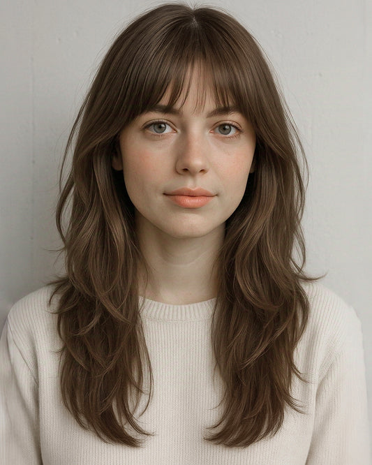 Seren | 20" Soft Light Chestnut Brown Layered Waves with Blunt Bangs Glueless Lace Closure Wig - WW045