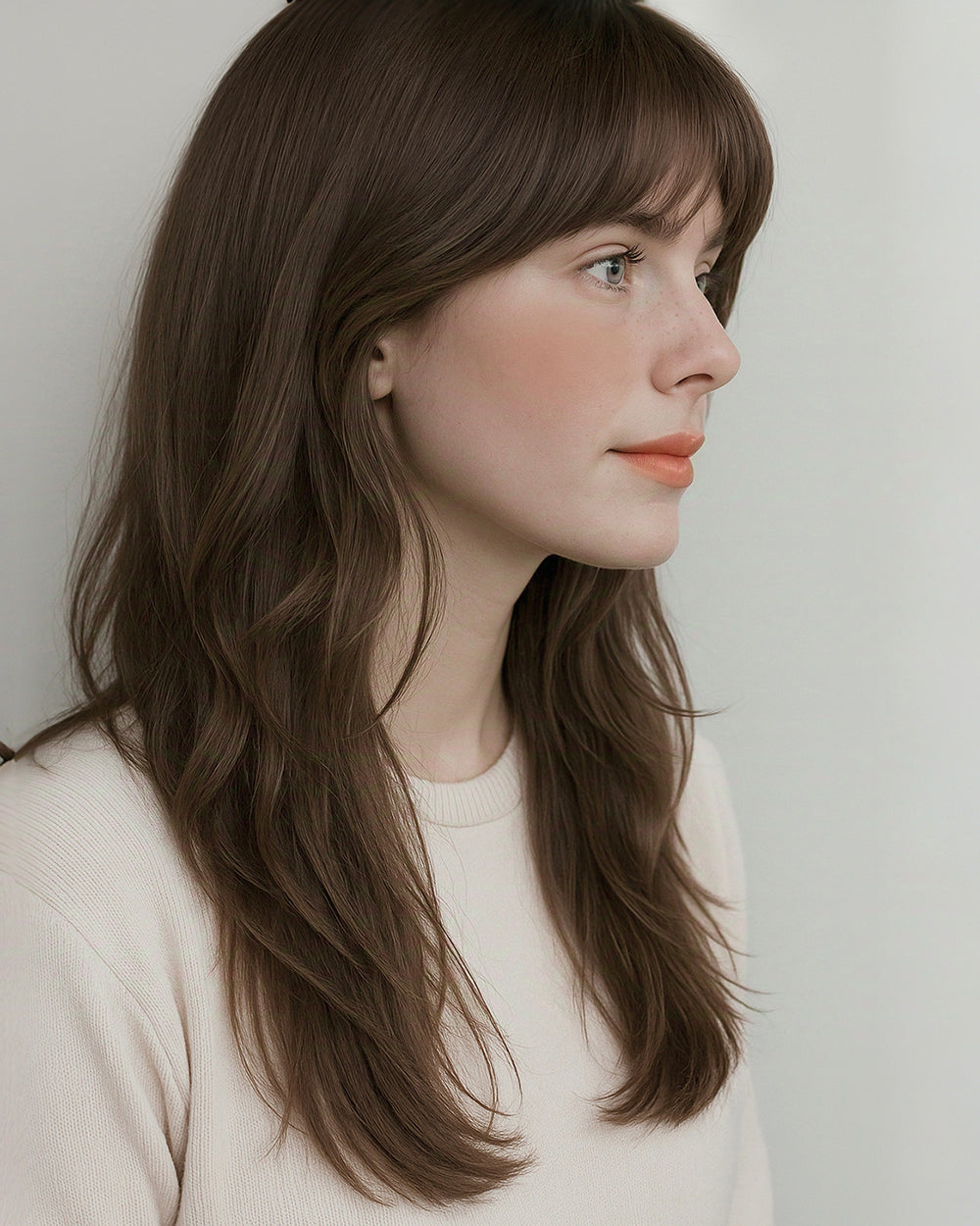 Seren | 20" Soft Light Chestnut Brown Layered Waves with Blunt Bangs Glueless Lace Closure Wig - WW045