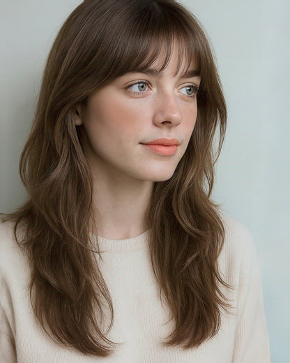 Seren | 20" Soft Light Chestnut Brown Layered Waves with Blunt Bangs Glueless Lace Closure Wig - WW045