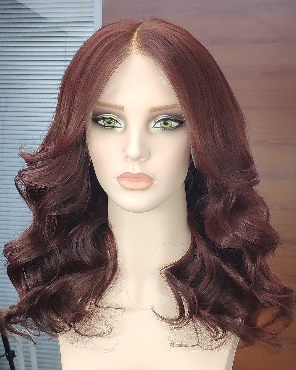 Juniper | 20" Mahogany Brown Wavy With Curtain Bangs Human Hair Lace Front Wig - WW065