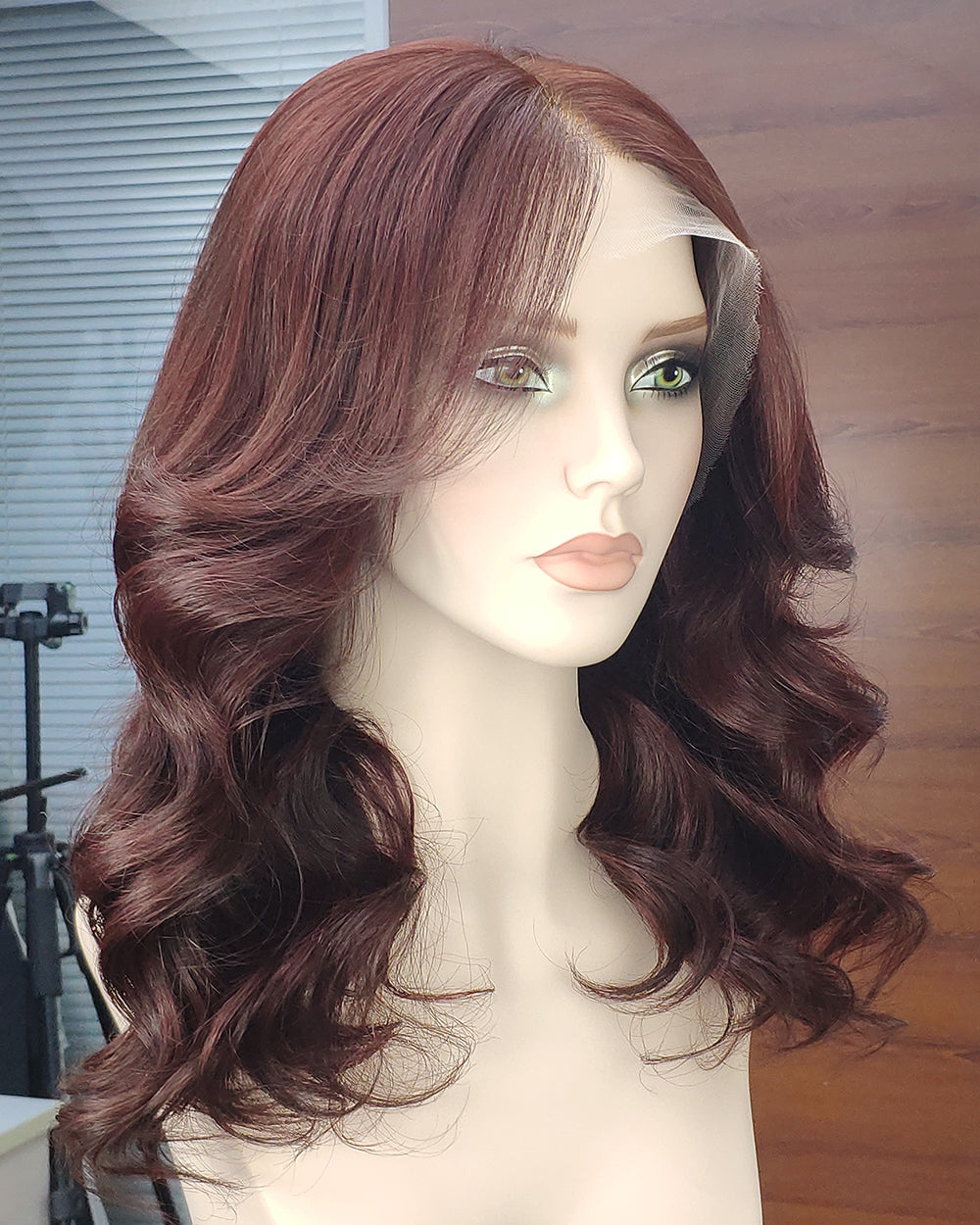 Juniper | 20" Mahogany Brown Wavy With Curtain Bangs Human Hair Lace Front Wig - WW065