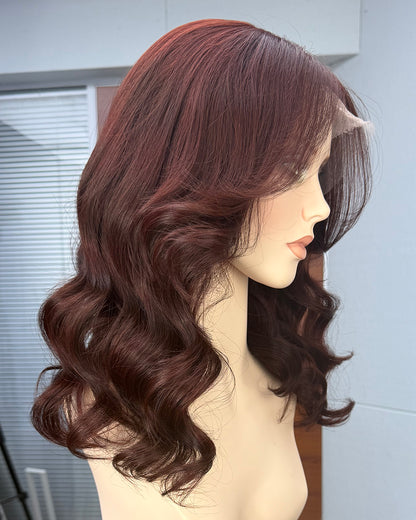 Juniper | 20" Mahogany Brown Wavy With Curtain Bangs Human Hair Lace Front Wig - WW065