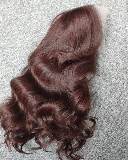 Juniper | 20" Mahogany Brown Wavy With Curtain Bangs Human Hair Lace Front Wig - WW065