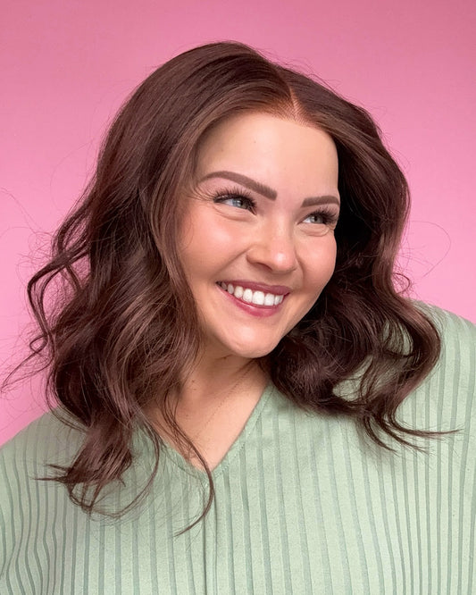 Lena | 14" Medium Brown Loose Wave Bob Human Hair Swiss Lace Front Wig - WW033