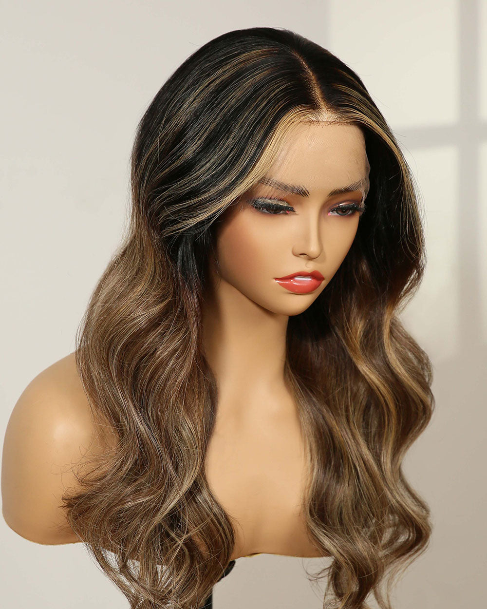 Clearance | 18 Inches Middle Part Wavy Curtain Bangs Dark Brunette Balayage Lace Front Wig - RTW-319