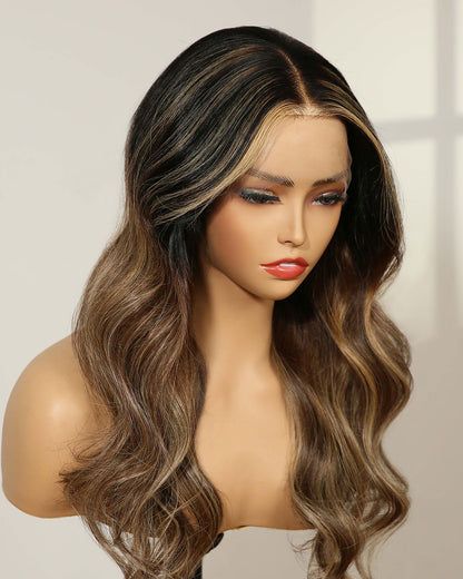Clearance | 18 Inches Middle Part Wavy Curtain Bangs Dark Brunette Balayage Lace Front Wig - RTW-319