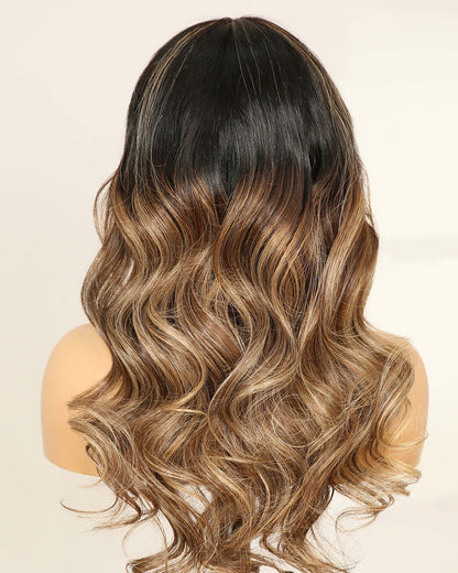 Clearance | 18 Inches Middle Part Wavy Curtain Bangs Dark Brunette Balayage Lace Front Wig - RTW-319