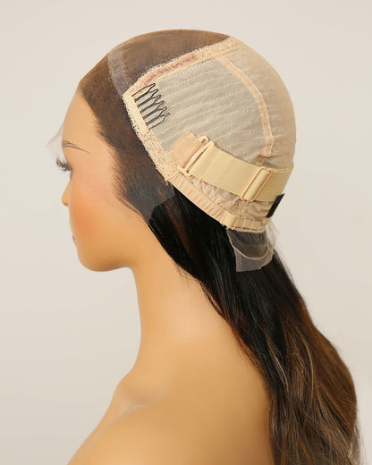 Clearance | 18 Inches Middle Part Wavy Curtain Bangs Dark Brunette Balayage Lace Front Wig - RTW-319