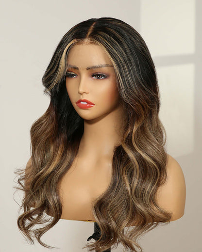 Clearance | 18 Inches Middle Part Wavy Curtain Bangs Dark Brunette Balayage Lace Front Wig - RTW-319