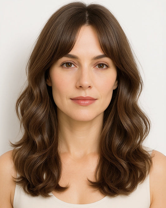 Audrey | 16" Mocha Brown Body wave with Bang Glueless Swiss Lace Closure Wig - WW041