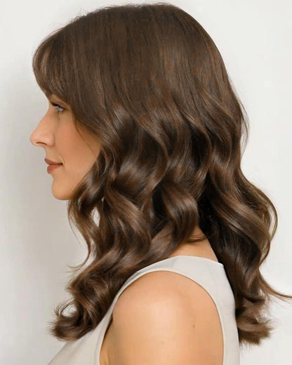 Audrey | 16" Mocha Brown Body wave with Bang Glueless Swiss Lace Closure Wig - WW041