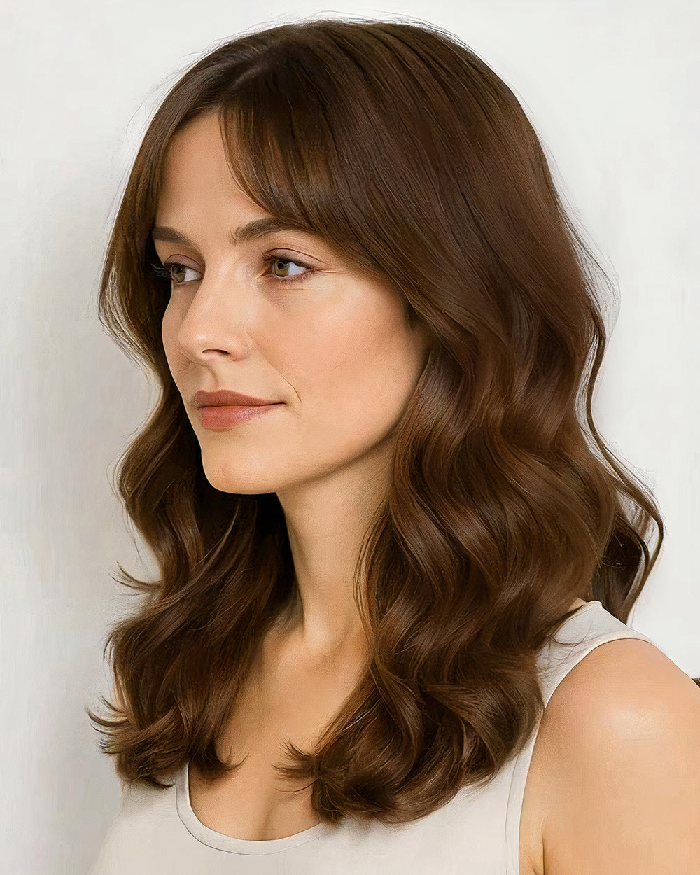 Audrey | 16" Mocha Brown Body wave with Bang Glueless Swiss Lace Closure Wig - WW041