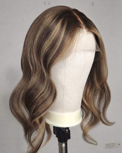 Clearance | 16 Inches Mushroom Brown with Beige Highlights Human Hair Swiss Lace Front Wig - RTWY-1958