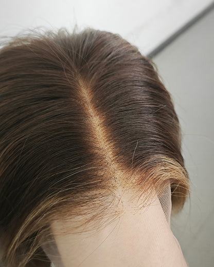 Clearance | 16 Inches Mushroom Brown with Beige Highlights Human Hair Swiss Lace Front Wig - RTWY-1958