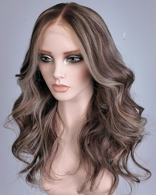 Sylvie | 20" Mushroom Brown with Beige Highlights Wavy Glueless Swiss Lace Closure Wig - WW074