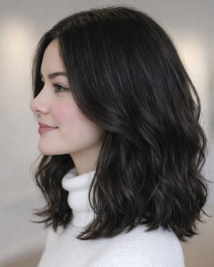 Raina | 16" Natural Black Loose Wavy Glueless Swiss Lace Closure Wig - WW062