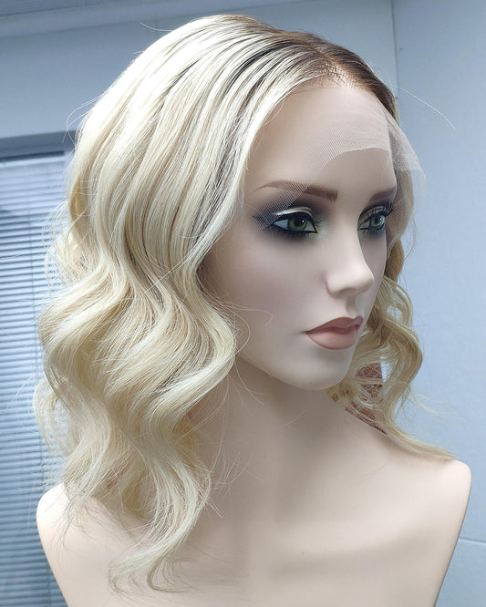 Calla | 12" Rooted Ash blonde Body Wavy Human Hair Lace Front Wig - WW066