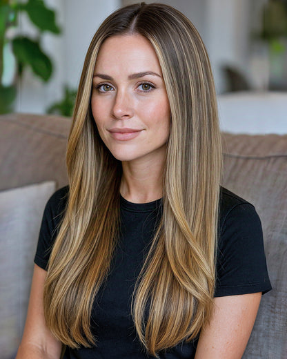 Nadia | 22" Rooted Brown With Blonde Highlights Straight Glueless Swiss Lace Closure Wig - WS022