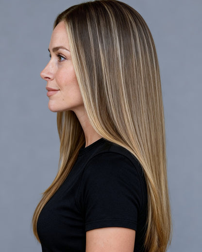 Nadia | 22" Rooted Brown With Blonde Highlights Straight Glueless Swiss Lace Closure Wig - WS022