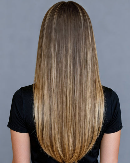 Nadia | 22" Rooted Brown With Blonde Highlights Straight Glueless Swiss Lace Closure Wig - WS022