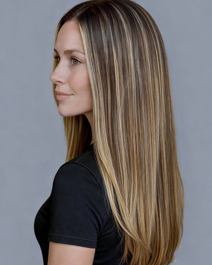 Nadia | 22" Rooted Brown With Blonde Highlights Straight Glueless Swiss Lace Closure Wig - WS022