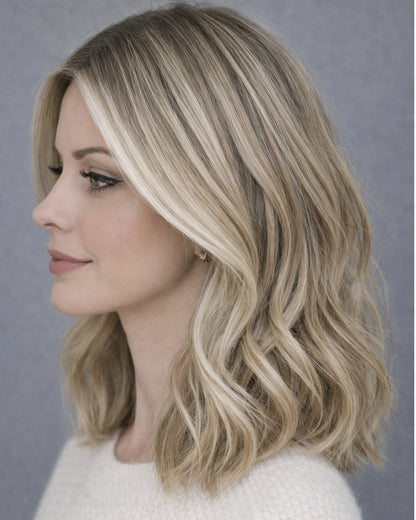 Tilda | Perruque Lace Front Suisse Cheveux Humains Blonds Cendrés Enracinés avec Mèches Platine Souples Ondulées 35 cm - WW060