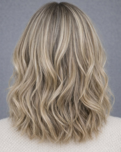 Tilda | Perruque Lace Front Suisse Cheveux Humains Blonds Cendrés Enracinés avec Mèches Platine Souples Ondulées 35 cm - WW060