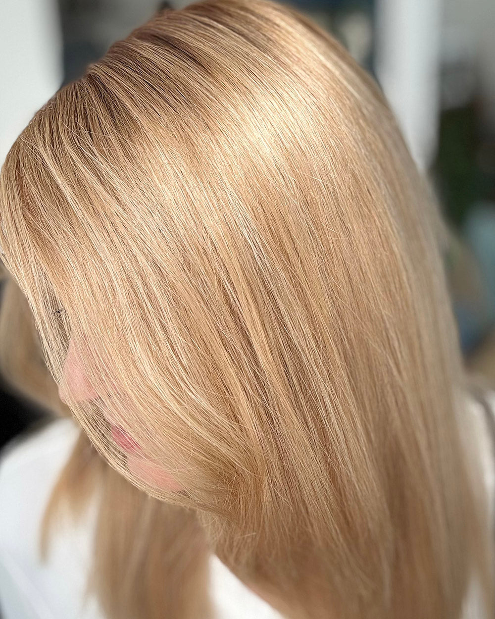 Lola | 16" Rooted Blonde Straight with Bangs Glueless Swiss Lace Closure Wig - WS014